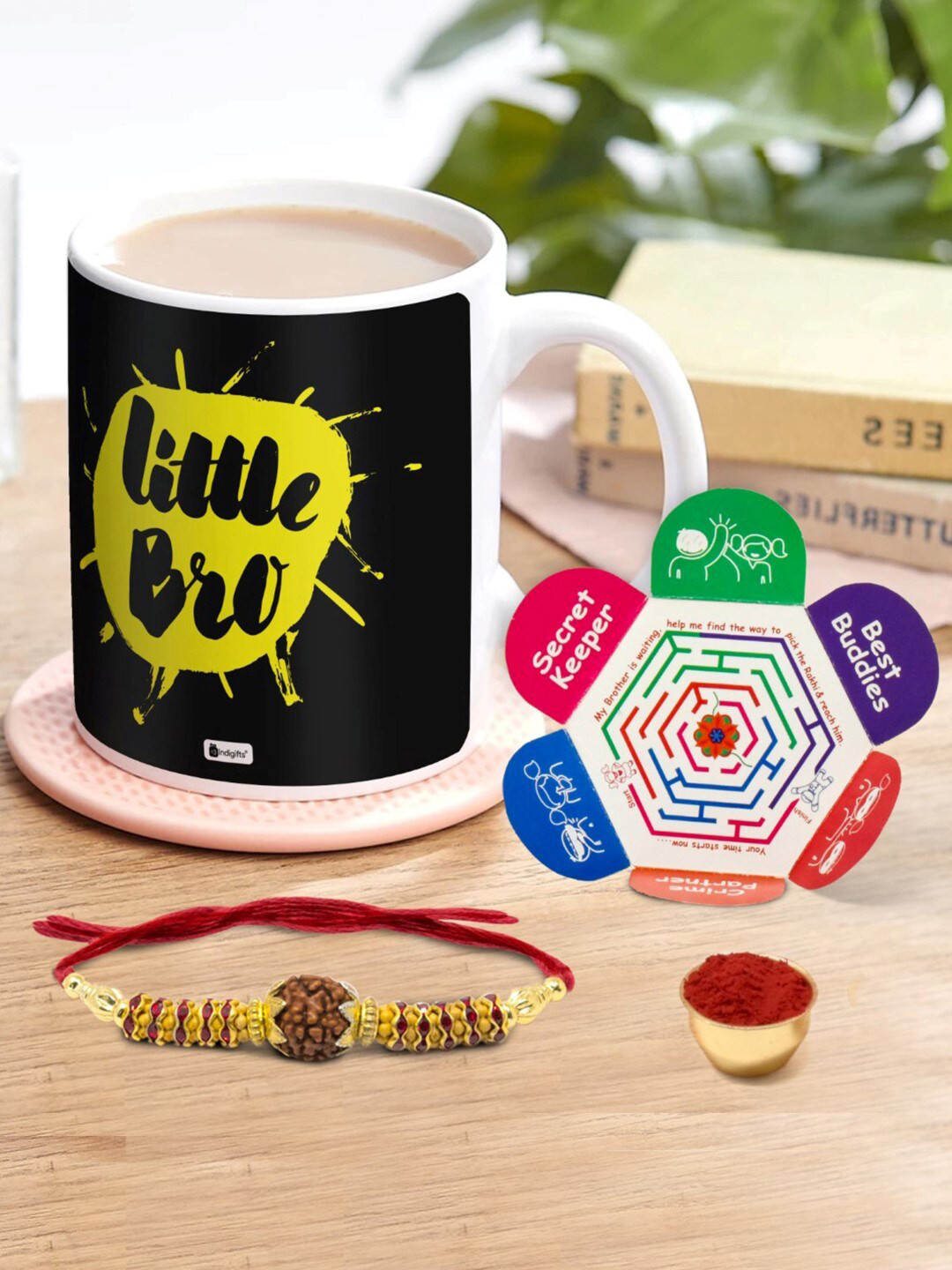 Indigifts Black Little Bro Printed Ceramic Coffee Mug and Rakhi Gift Set
