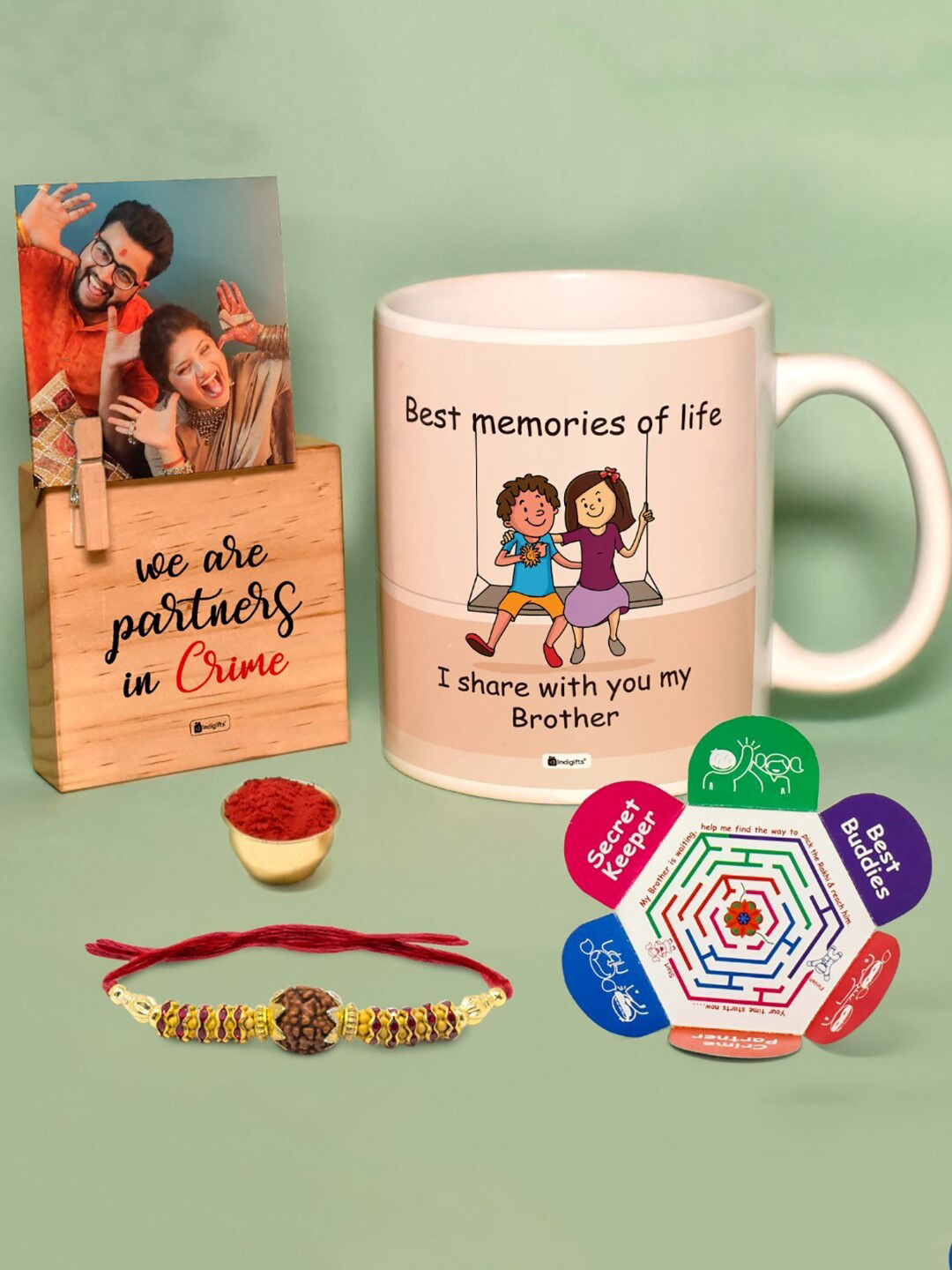 Indigifts Rudraksha Rakhi With Printed Coffee Mug & With Wooden Clip Photo Stand