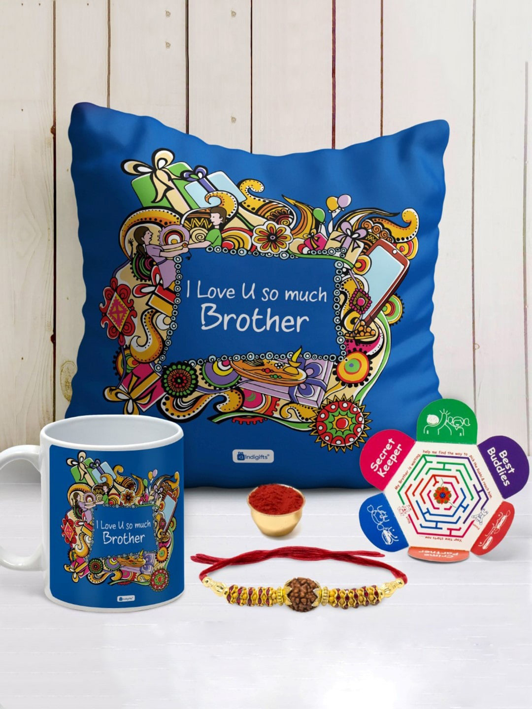 Indigifts Love You So Much Brother Printed Cusion With Mug & Rakhi