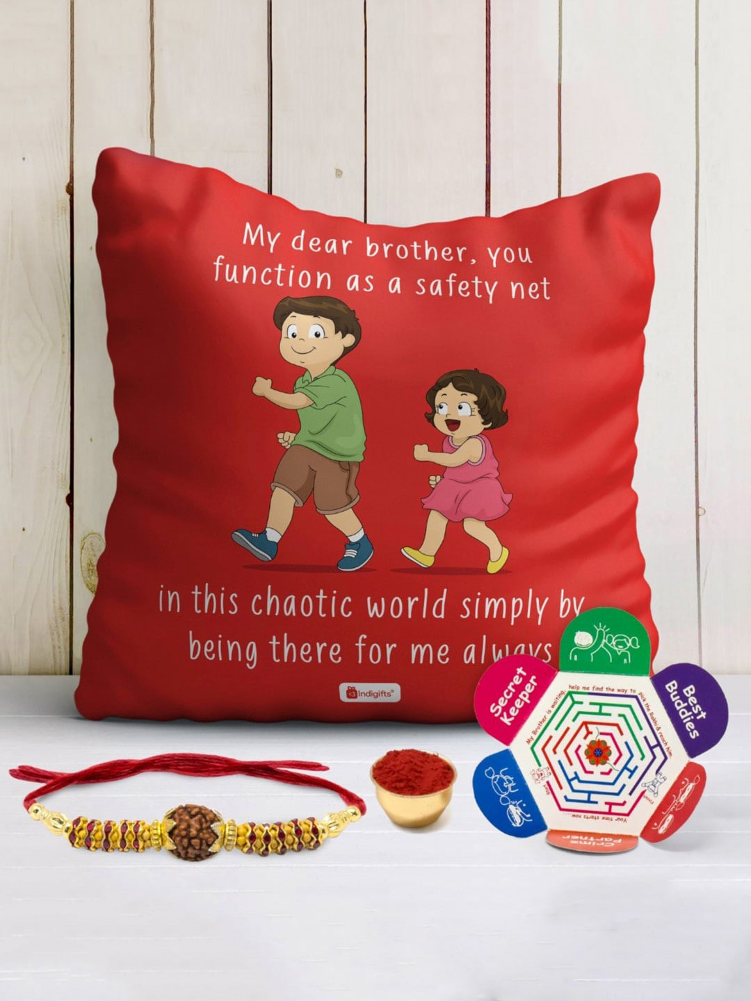 Indigifts Bro as Saftey Net Quote Printed Cushion and Rakhi