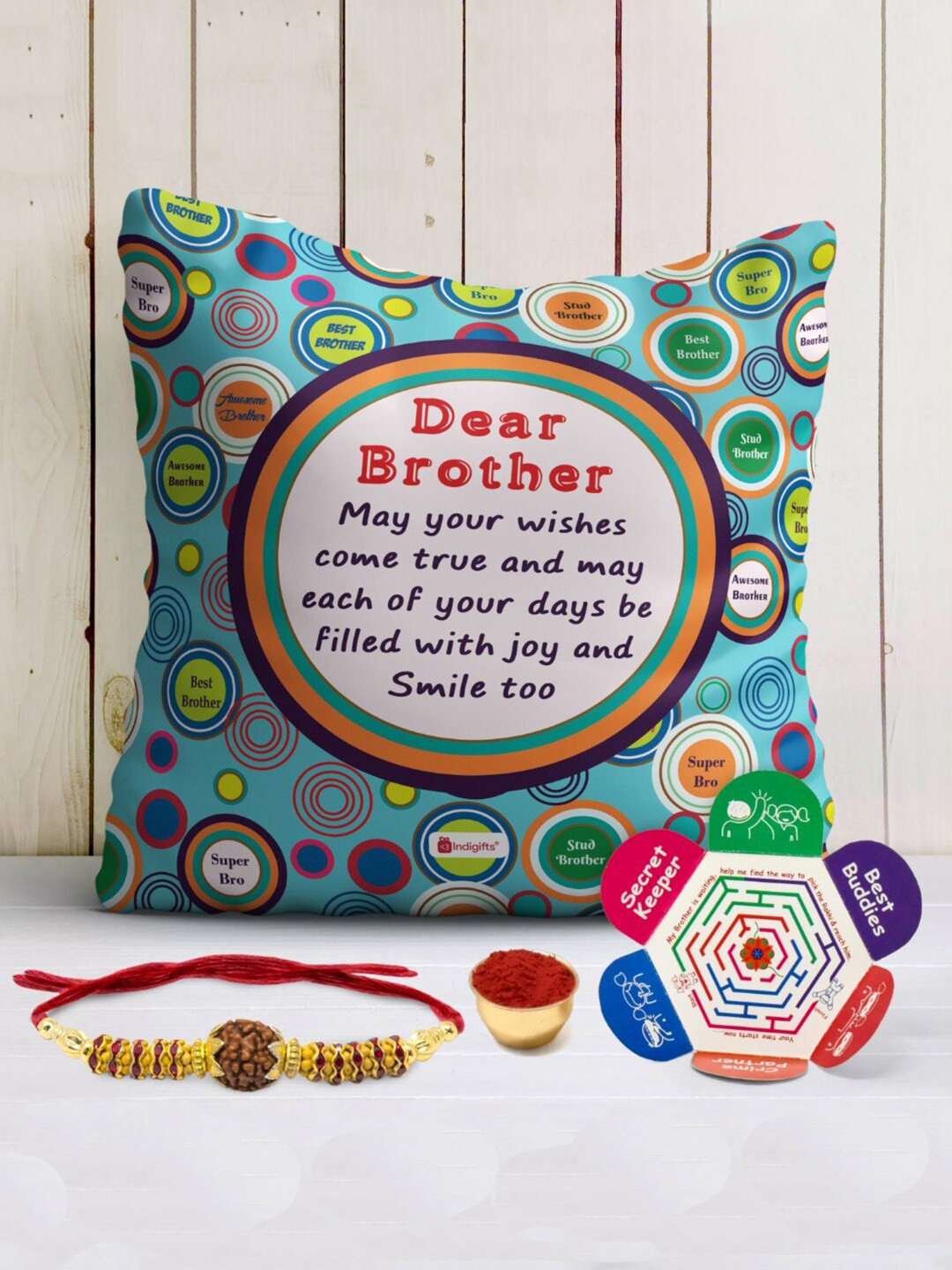 Indigifts Blue Printed Cushion with Filler and Rakhi Gift Set