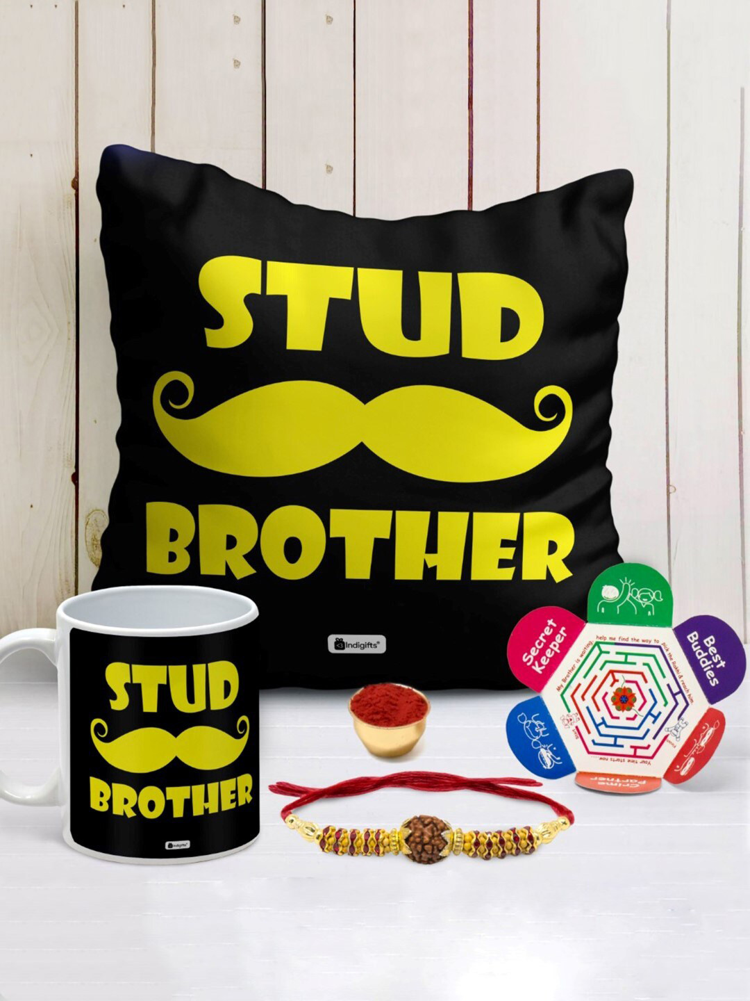 Indigifts Stud Brother Printed Cushion Ceramic Mug And Rakhi Gift Set