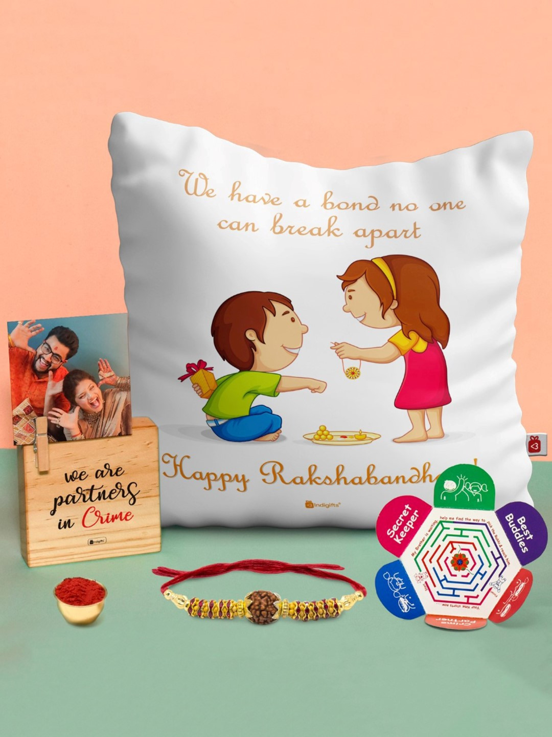 Indigifts Rakhi With Cushion & Photostand