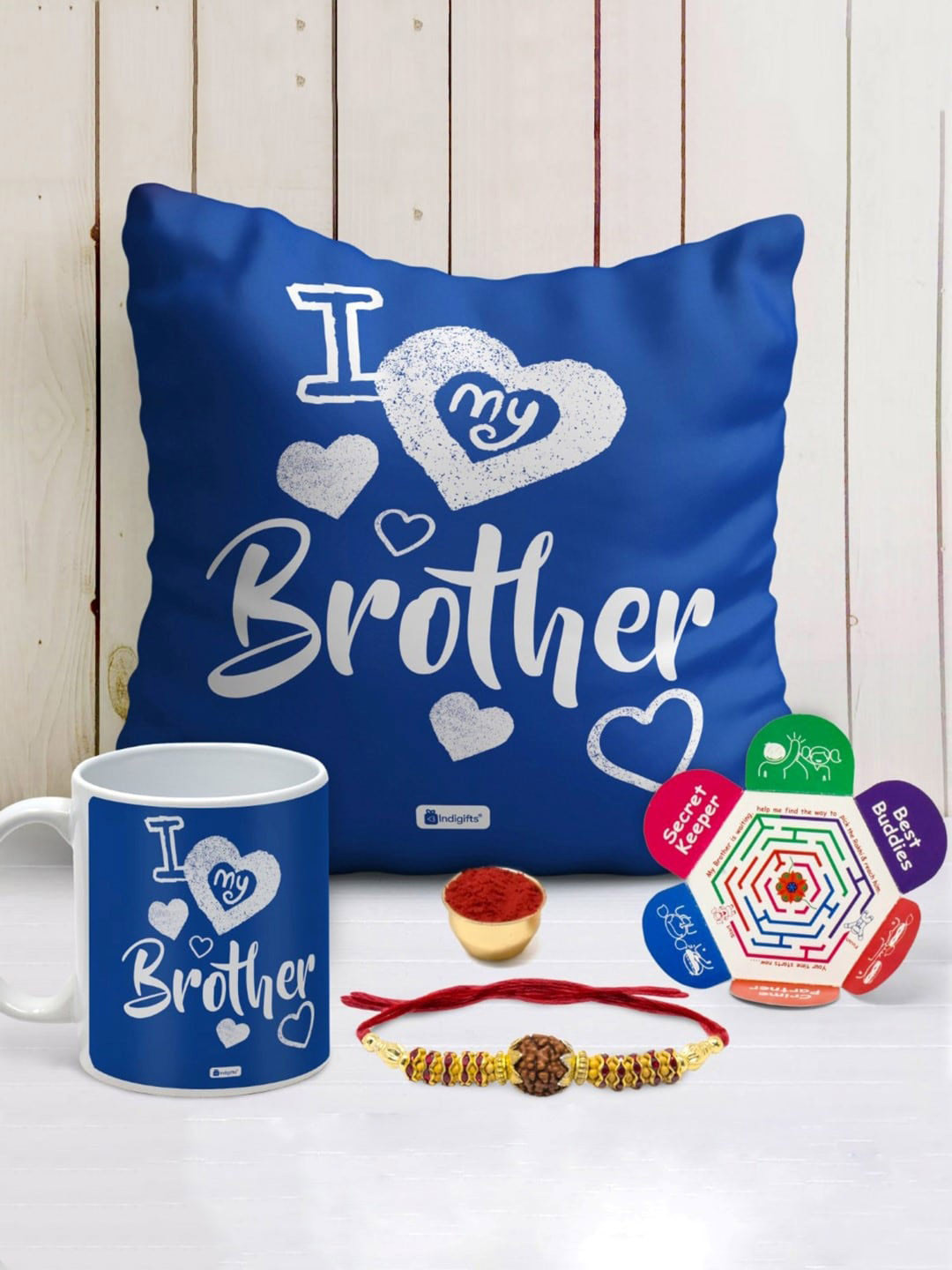 Indigifts Gifts I Love My Brother Printed Cushion, Mug & Rakhi Gift Set