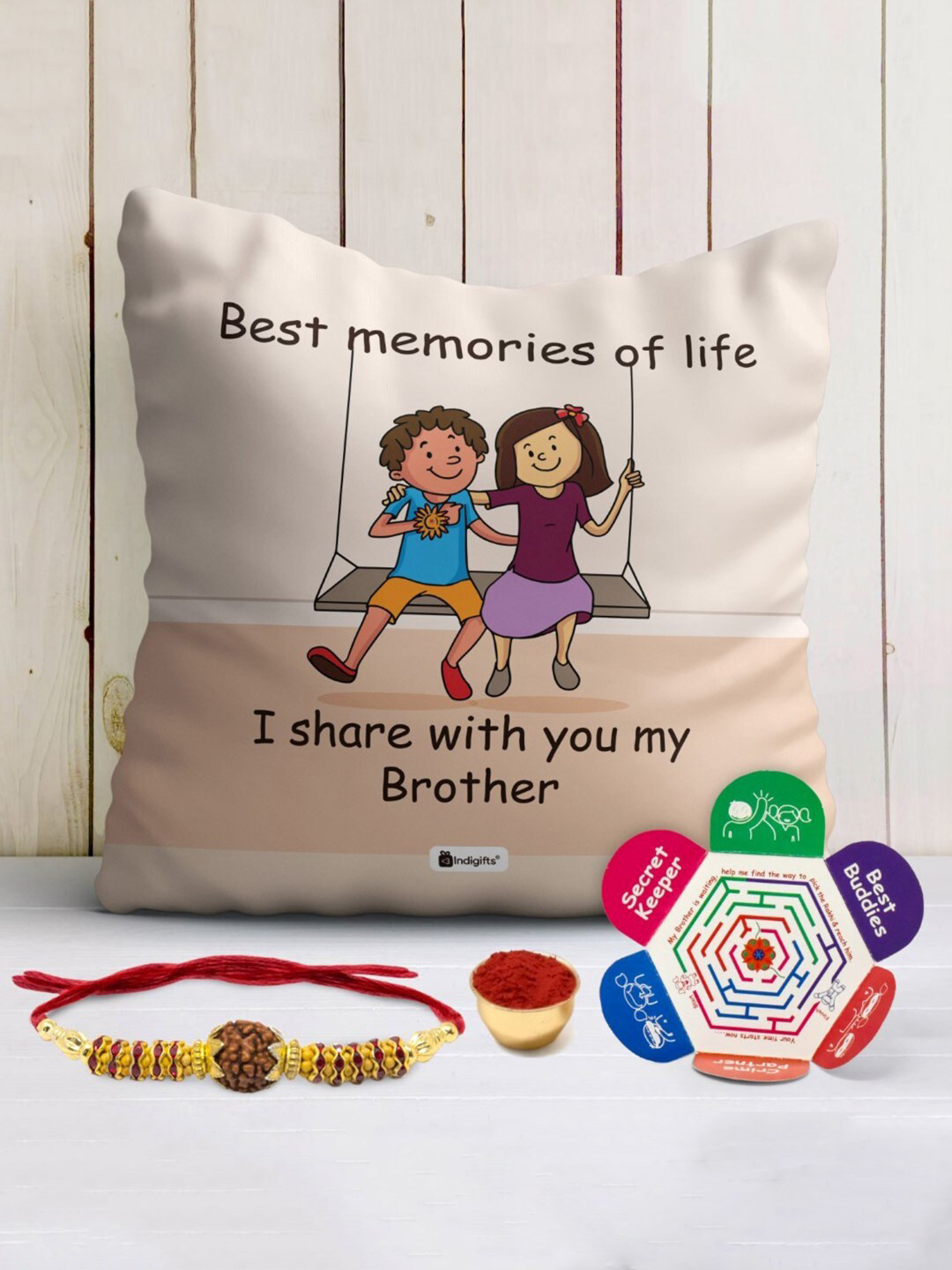 Indigifts Rudraksha Rakhi With Printed Cushion