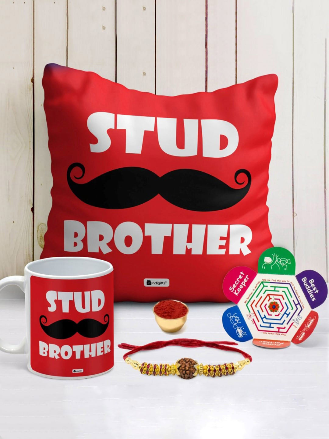 Indigifts Stud Brother Printed Cushion Ceramic Mug And Rakhi