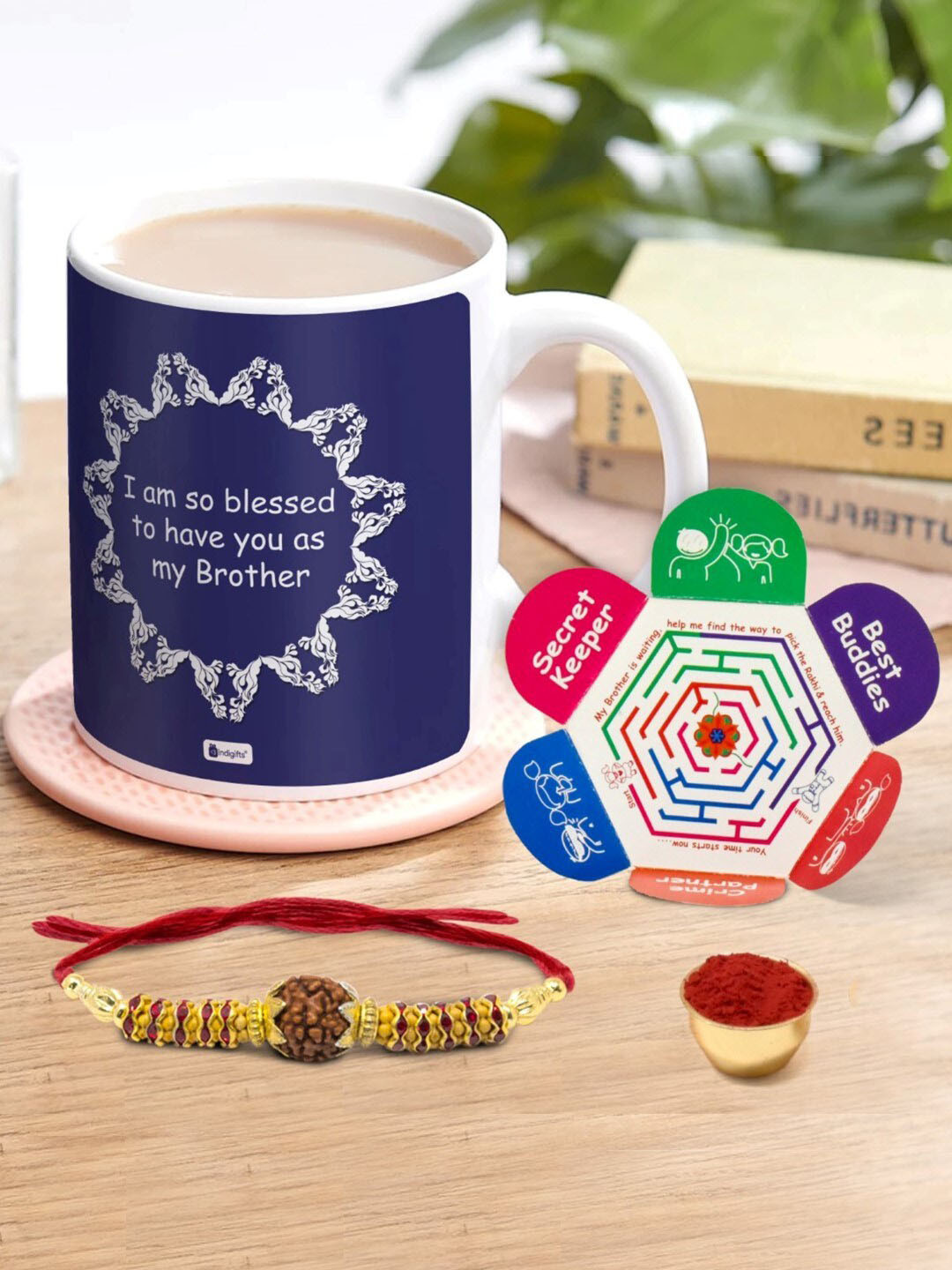 Indigifts Set Of 2 Blue Bhaiya Is A Blessing Printed Coffee Mug With Rudraksha Rakhi