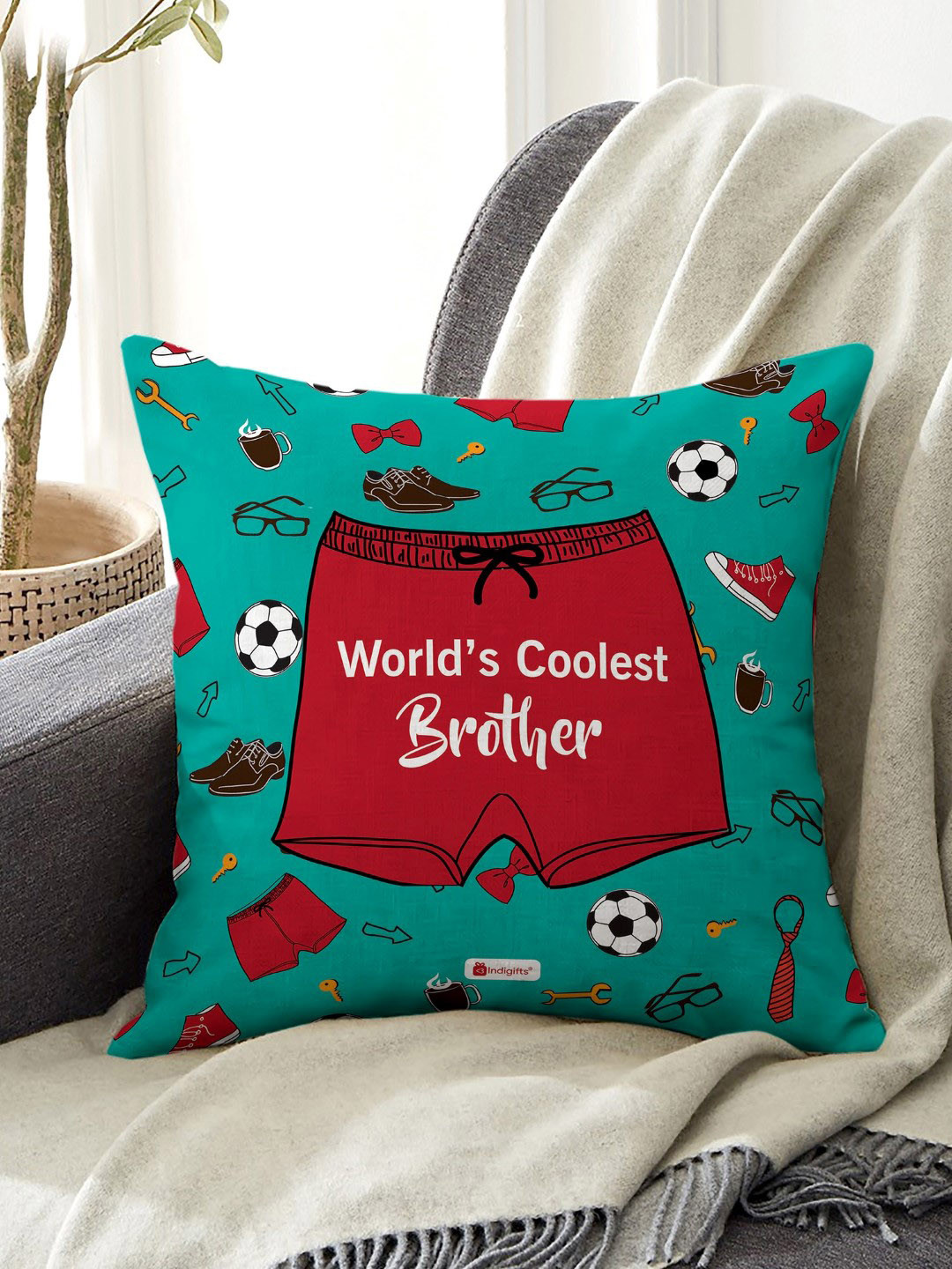 Indigifts Blue World's Coolest Brother Printed Cushion and Rakhi Gift Set