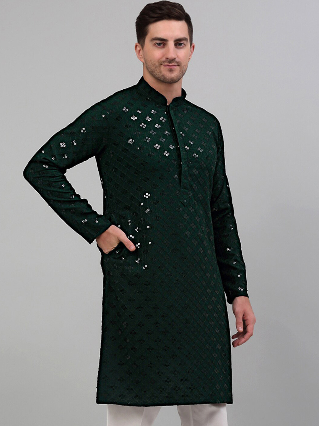 Jompers Embroidered Mandarin Collar Sequins Kurta
