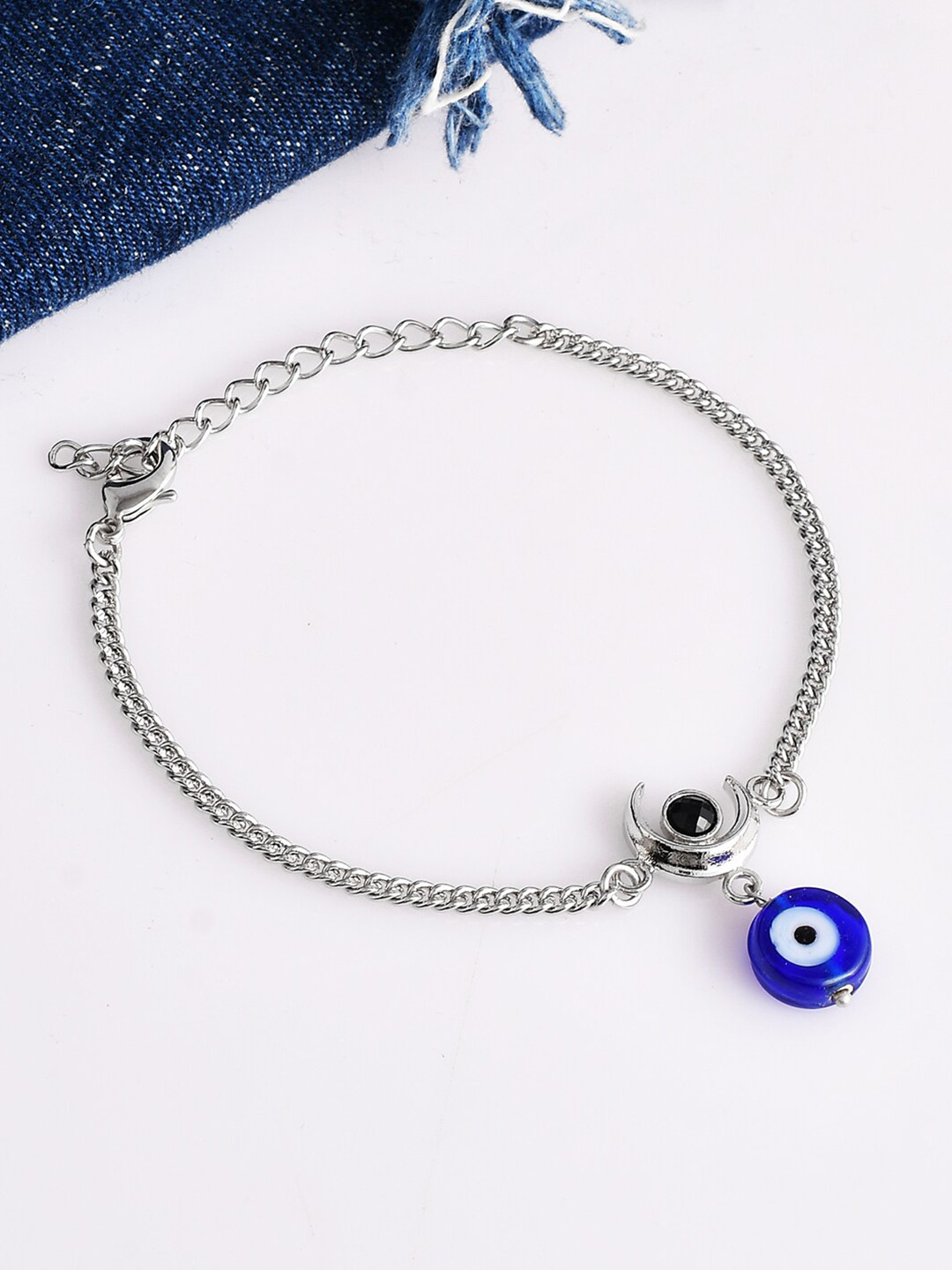 Voylla Silver-Plated Evil Eye Hanging Bead Oxidized Link Bracelet