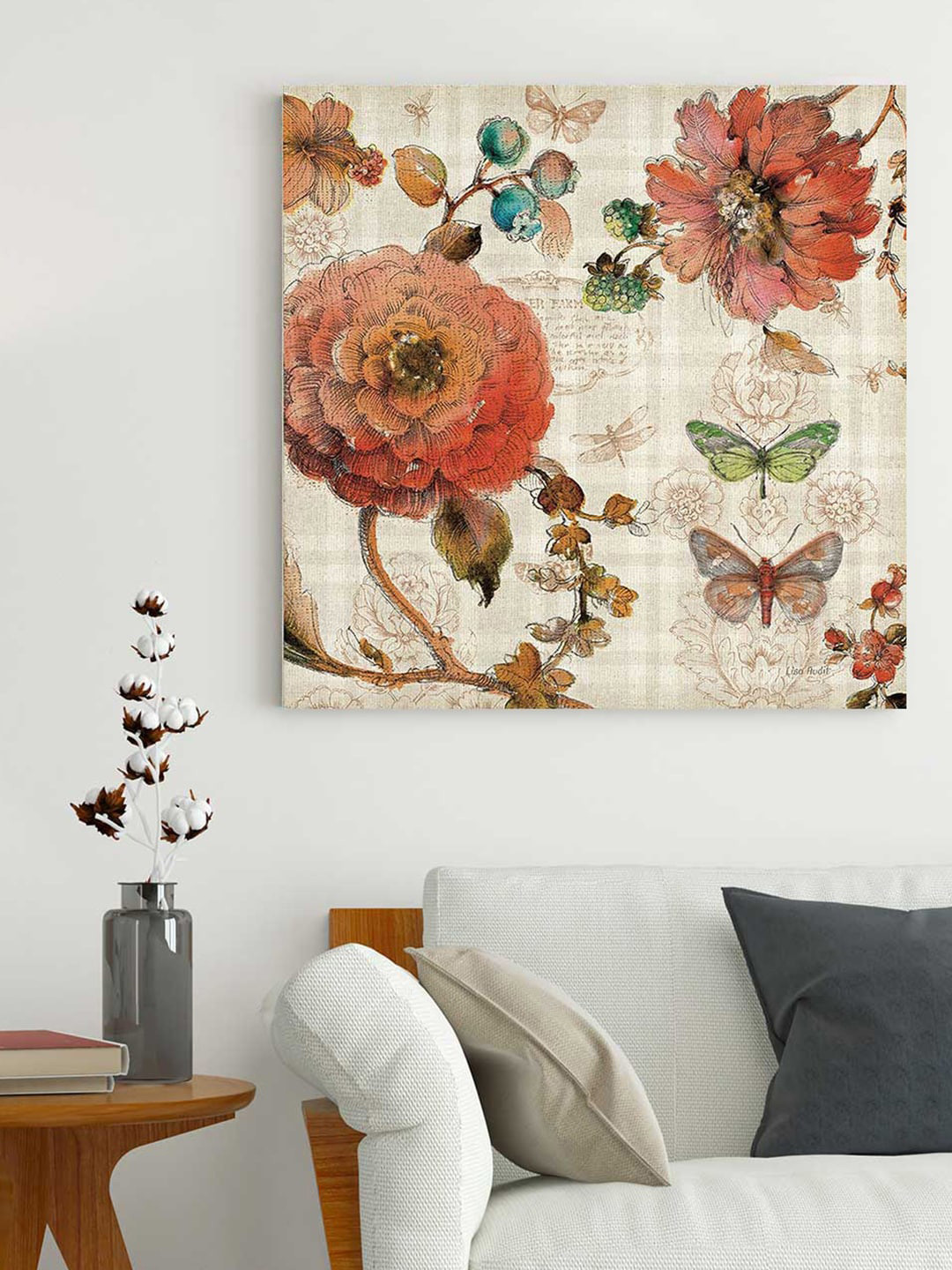 Art Street Off White & Red Garden Butterfly Theme Printed Wall Art