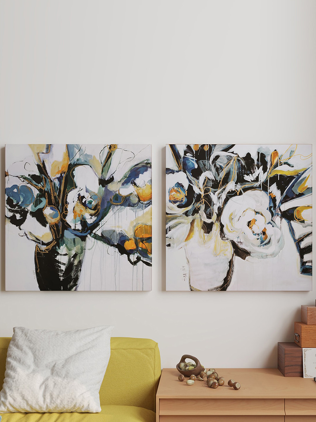 Art Street Floral Blooms Canvas 2 Piece Wall Square Paintings Wall Art -12 x 12 In