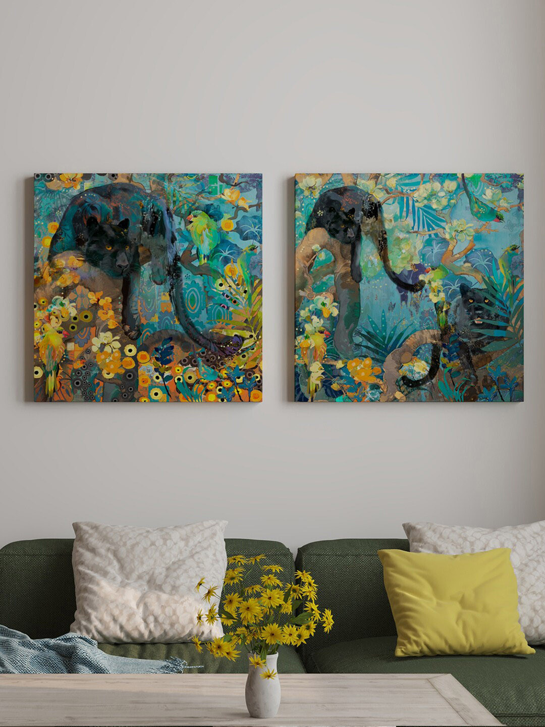 Art Street Green Canvas 2 Pcs Wall Living Room Square Paintings Wall Art -11.8 x 11.8In