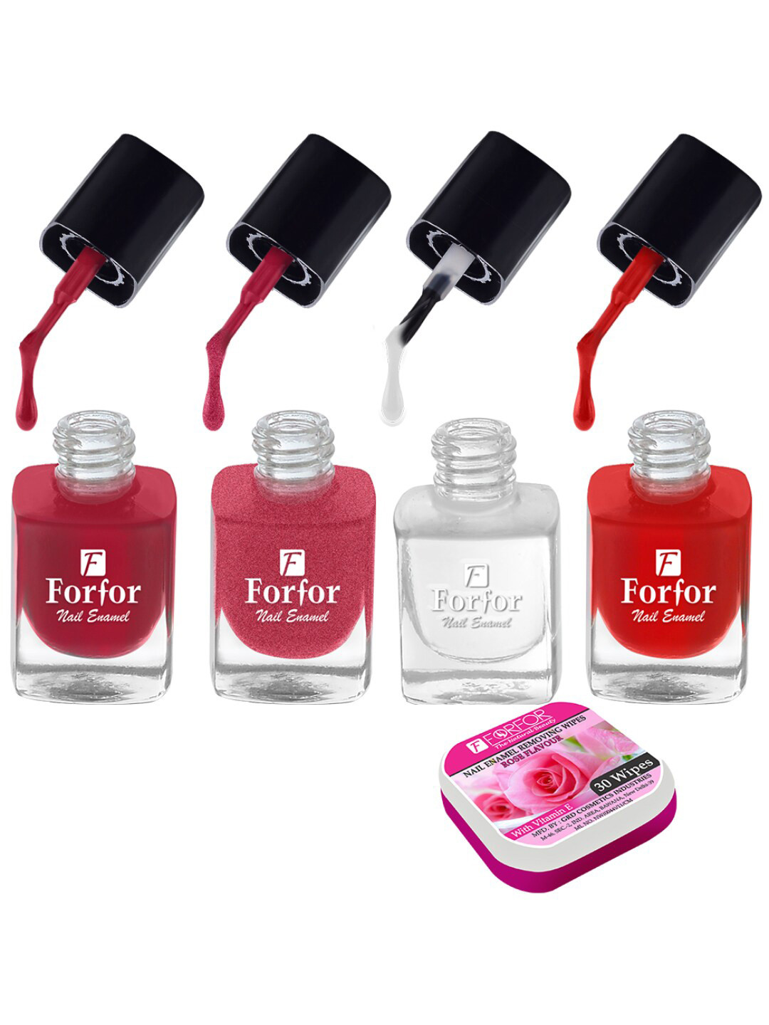 FORFOR Set of 4 Perfect Stay Fast Dry Glossy Nail Enamel - 5ml each & 30 Removal Wipes