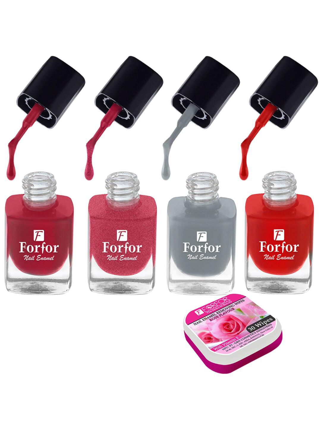 FORFOR Set of 4 Perfect Stay Fast Dry Glossy Nail Enamel - 5ml each & 30 Removal Wipes