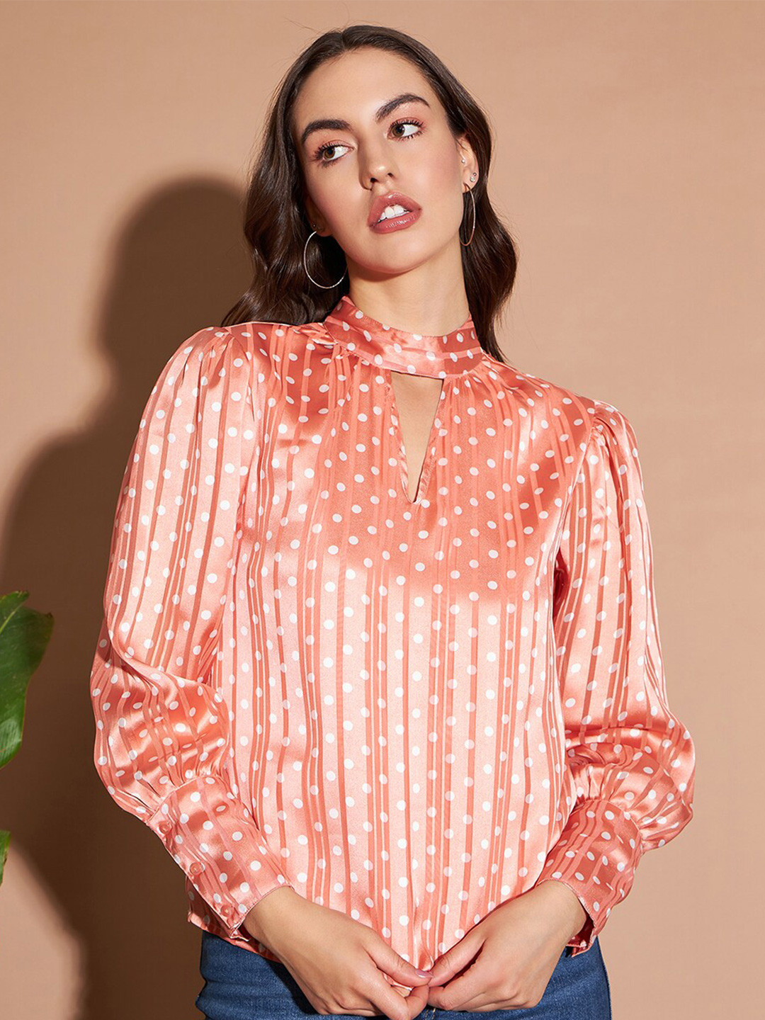 Marie Claire Peach-Coloured Polka Dot Printed Chocker Neck Cuffed Sleeve Satin Regular Top