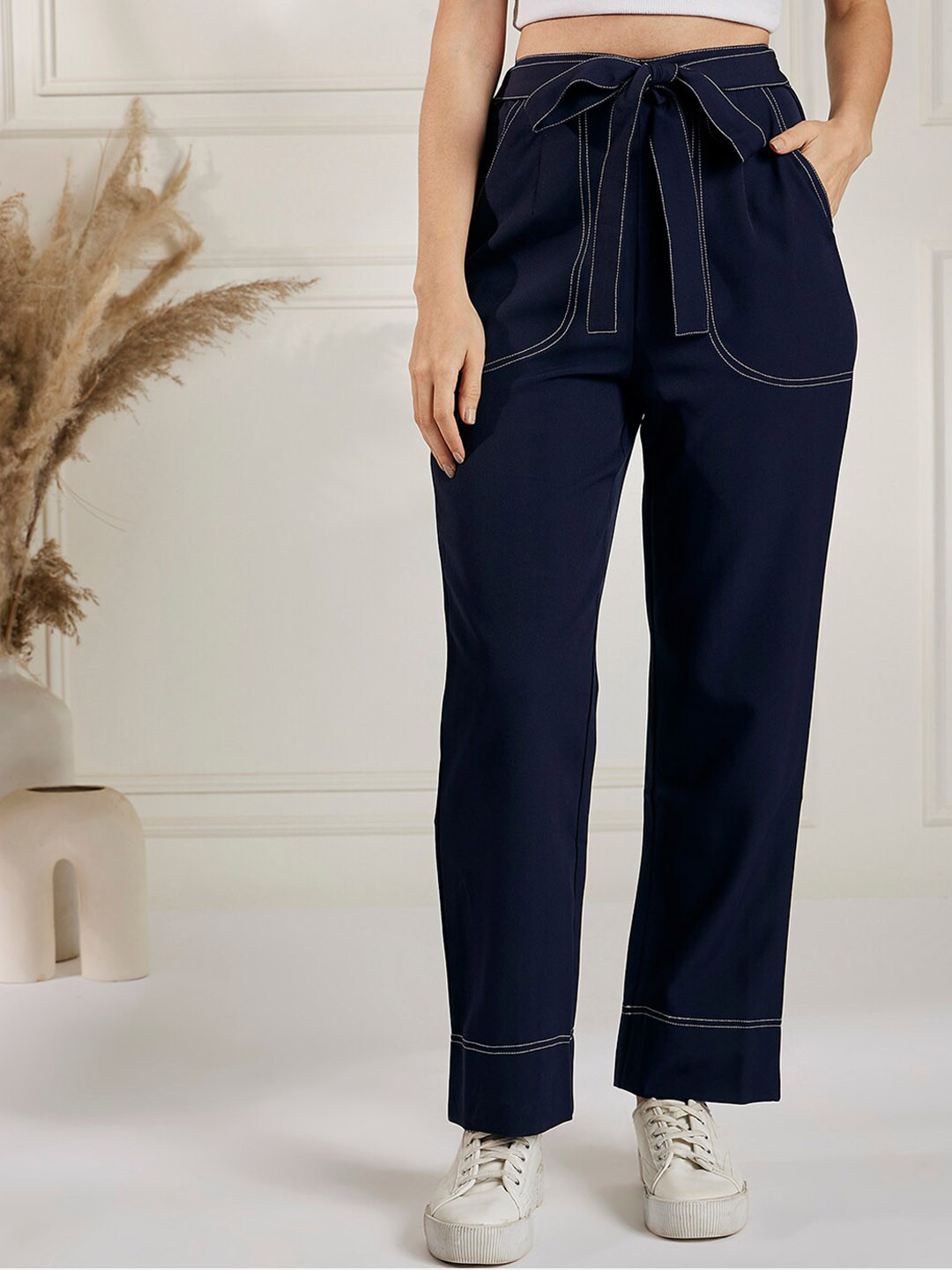 Marie Claire Women Navy Blue High-Rise Plain Trousers