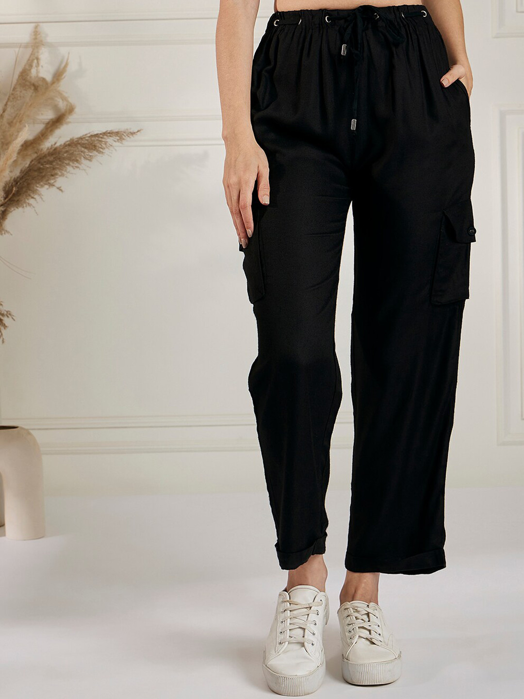 Marie Claire Women Black High-Rise Plain Trousers