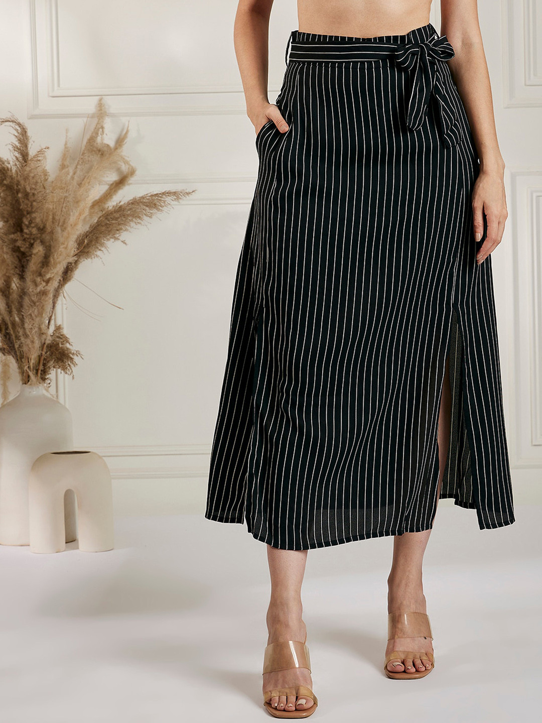 Marie Claire Black & White Striped A-Line Midi Skirt