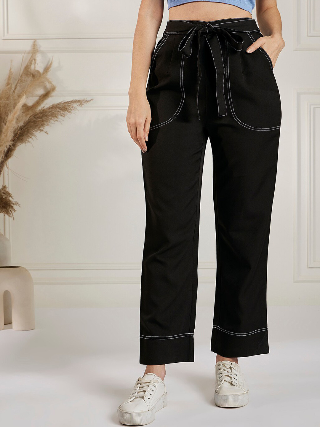 Marie Claire Women Black High-Rise Plain Trousers