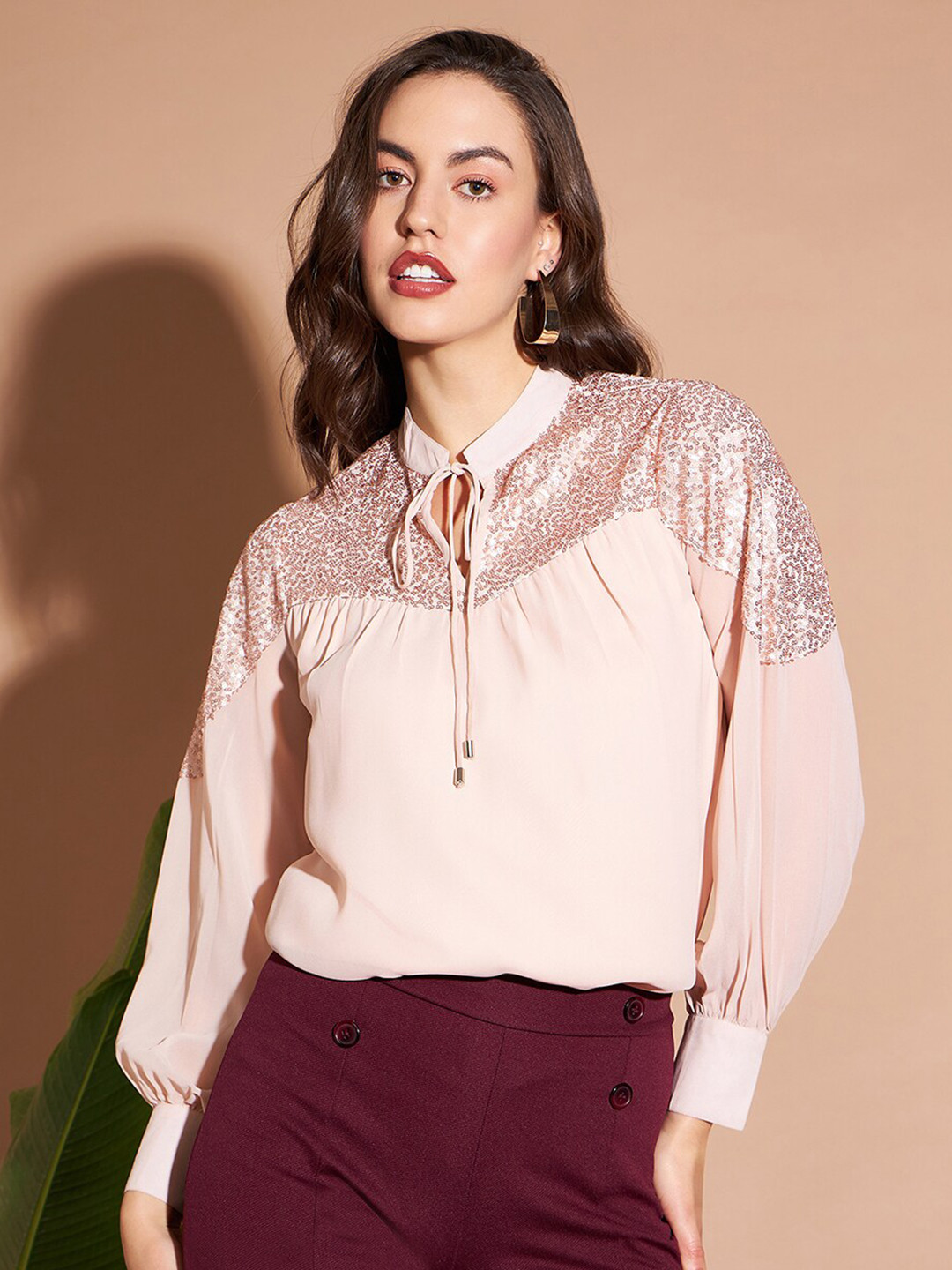 Marie Claire Peach-Coloured Tie-Up Neck Cuffed Sleeves Sequined Regular Top