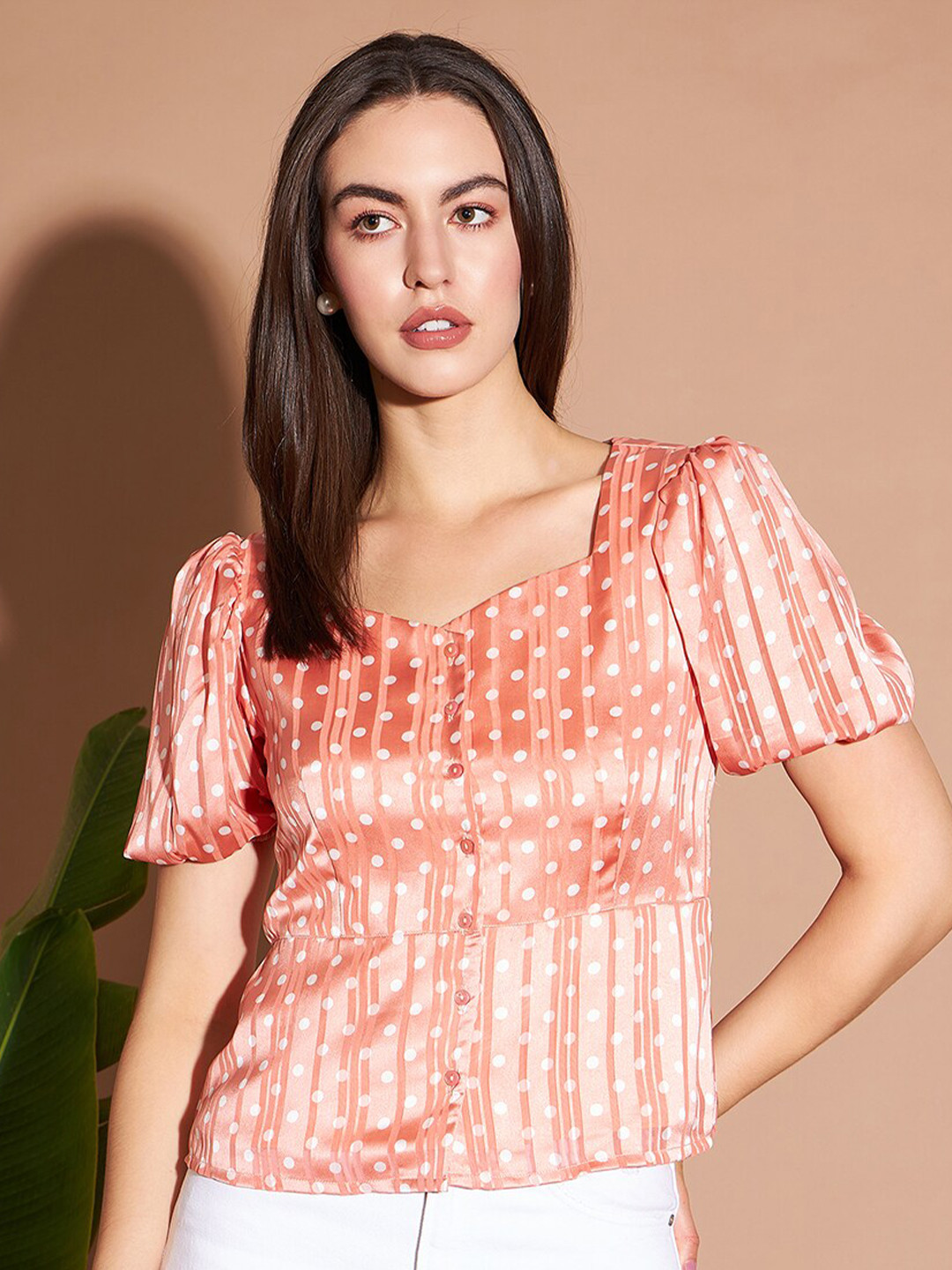 Marie Claire Peach-Coloured Polka Dot Printed Puff Sleeves Regular Top