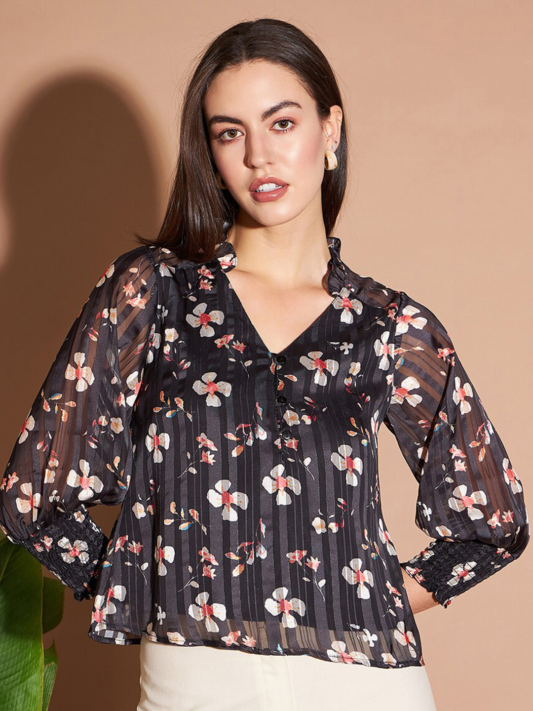 Marie Claire Black & Red Floral Printed Mandarin Collar Top