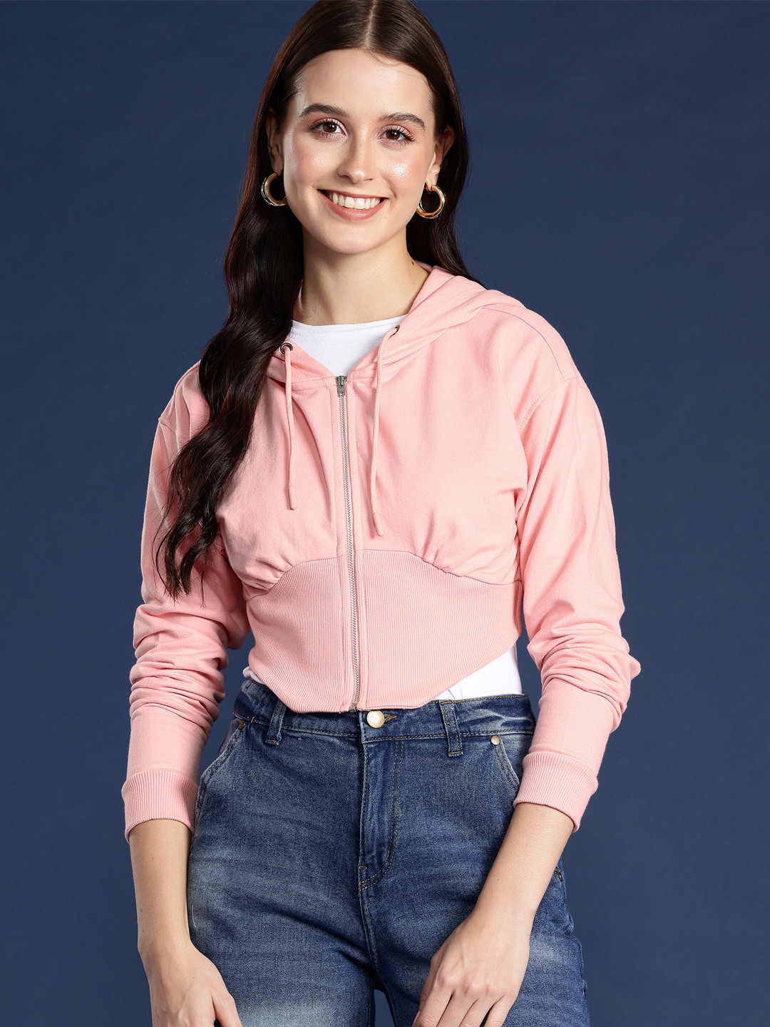 Mast & Harbour Solid Cropped Drop-Shoulder Sleeves Hooded Sweatshirt