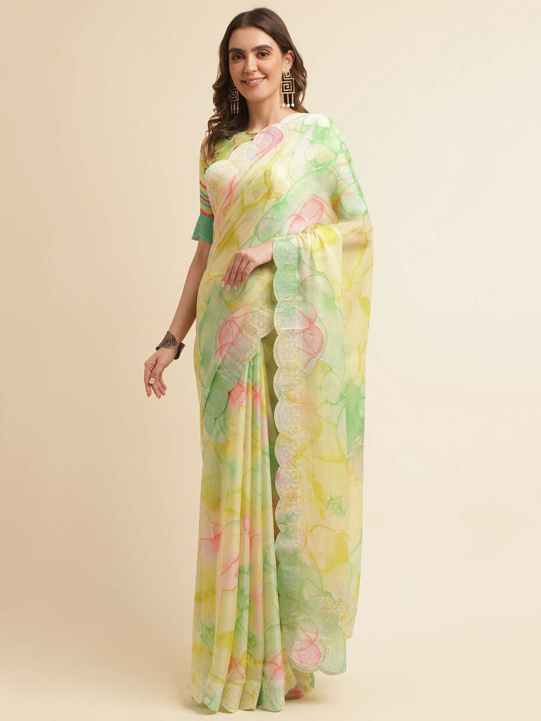 Mitera Green & Pink Floral Beads and Stones Pure Chiffon Saree