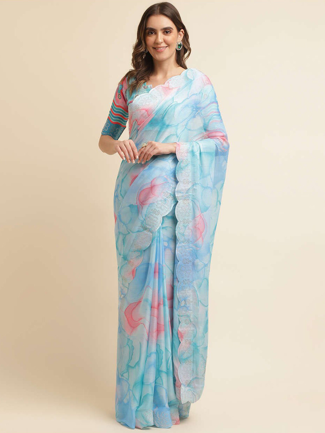 Mitera Blue & Pink Floral Beads and Stones Pure Chiffon Saree