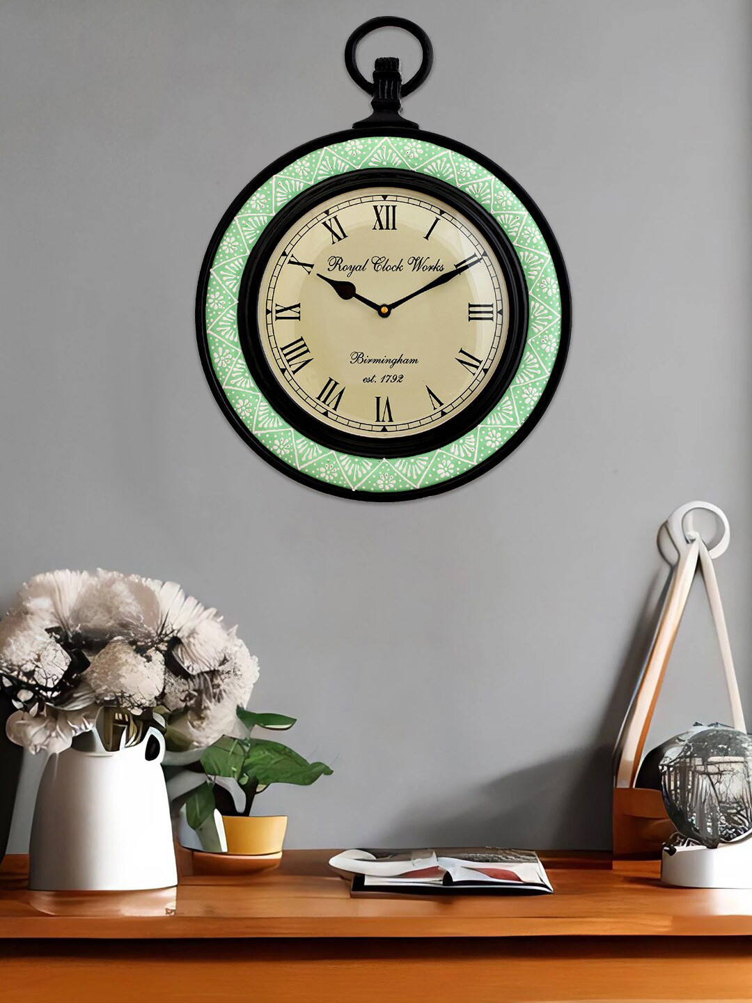 Aapno Rajasthan Sea Green Wood Large Display Round Battery Analogue Wall Clock-30cm