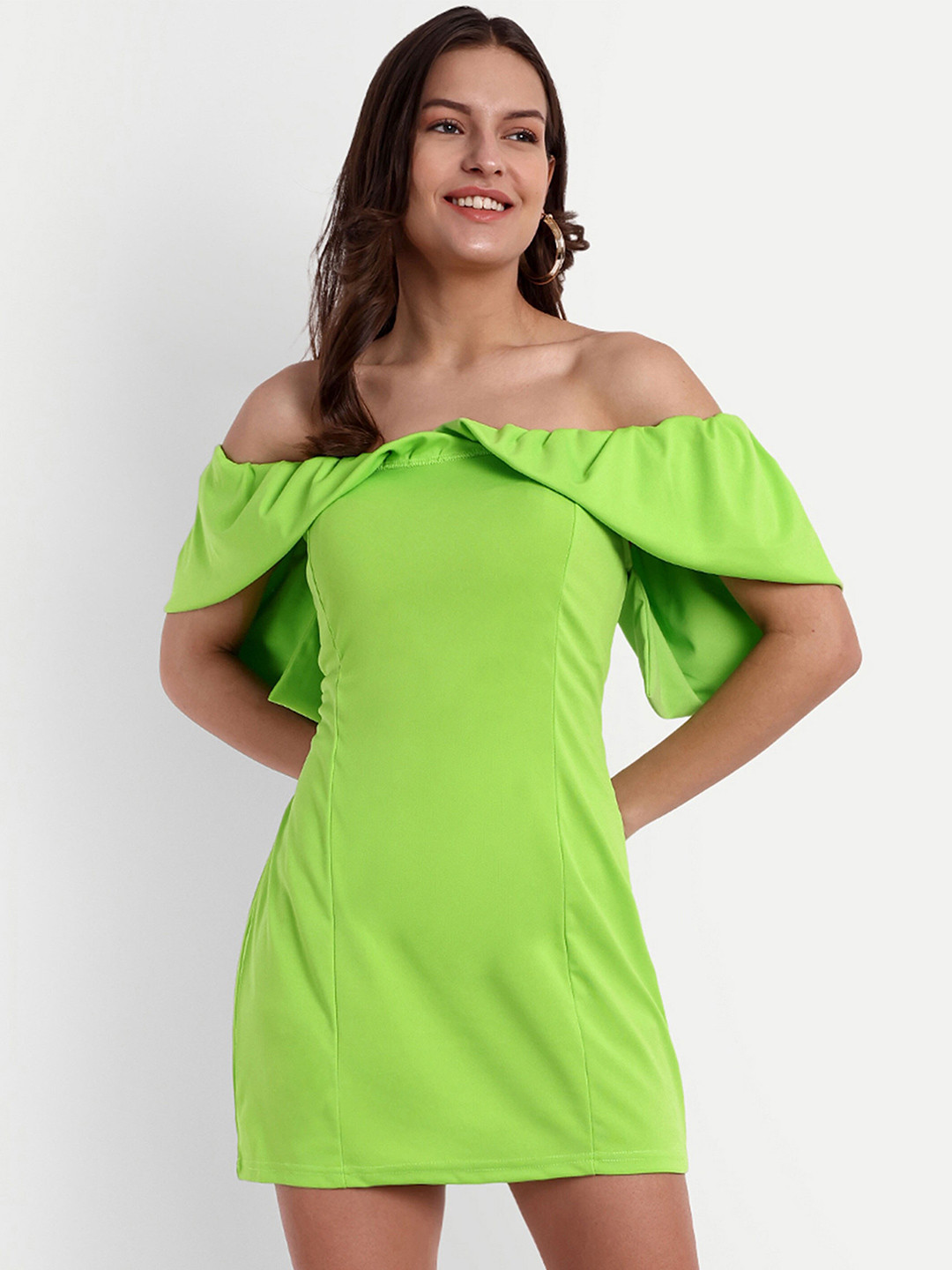 iki chic Green Colour Off Shoulder Cape Sleeve A Line Mini Dress