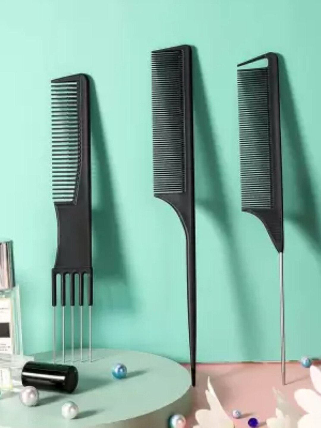 FEELHIGH Set Of Metal Prong Carbon Comb + Salon Teasing Comb + Rat Tail Comb - Black