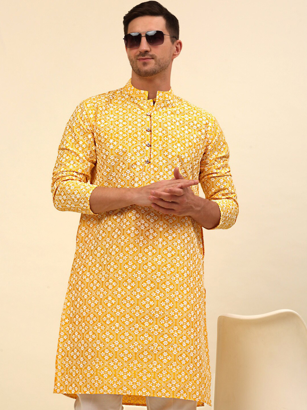 Anouk Mustard And White Floral Embroidered Regular Chikankari Kurta with Pyjama