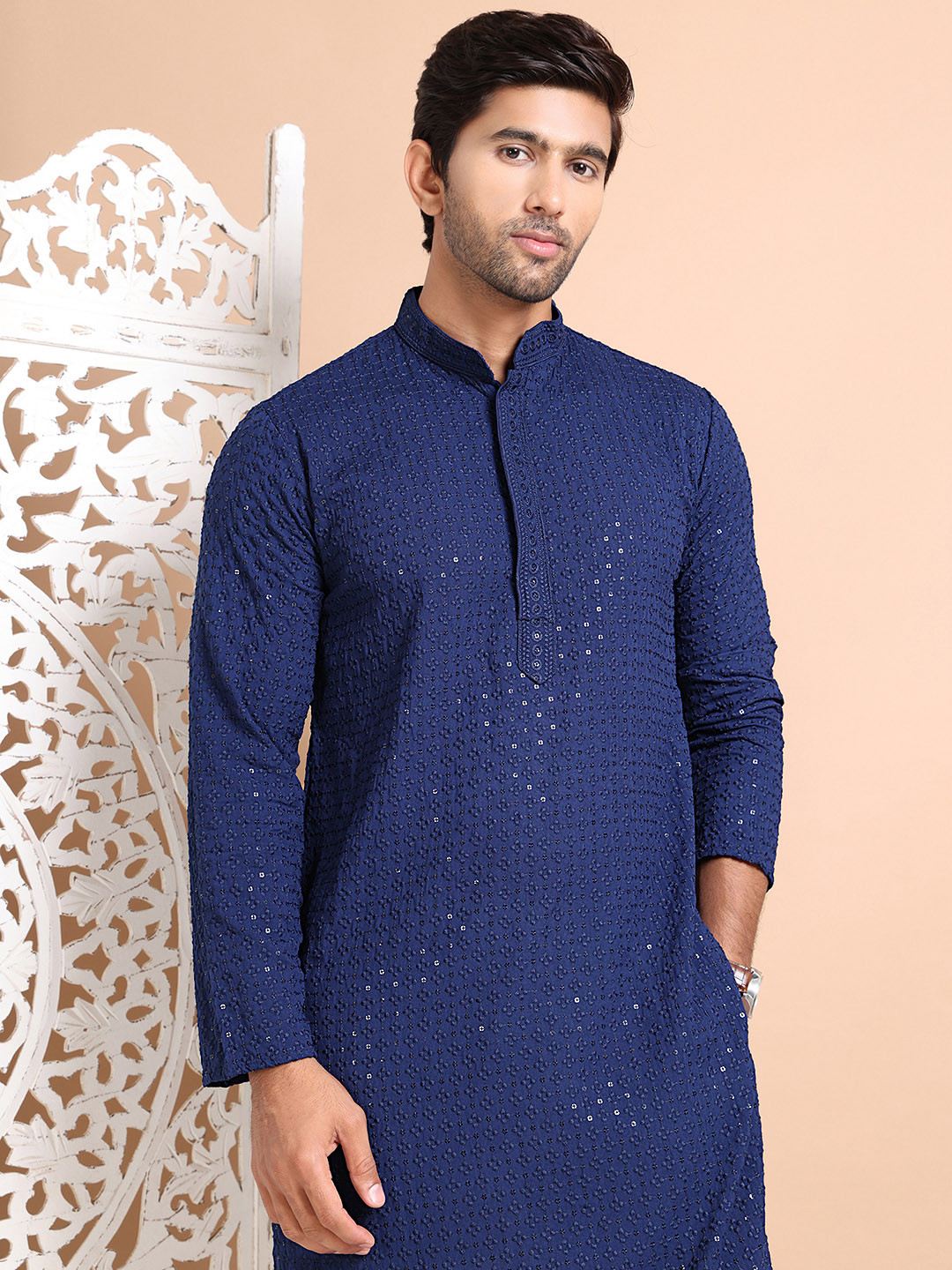 Anouk Navy Blue Floral Embroidered Regular Sequinned Pure Cotton Kurta with Pyjama