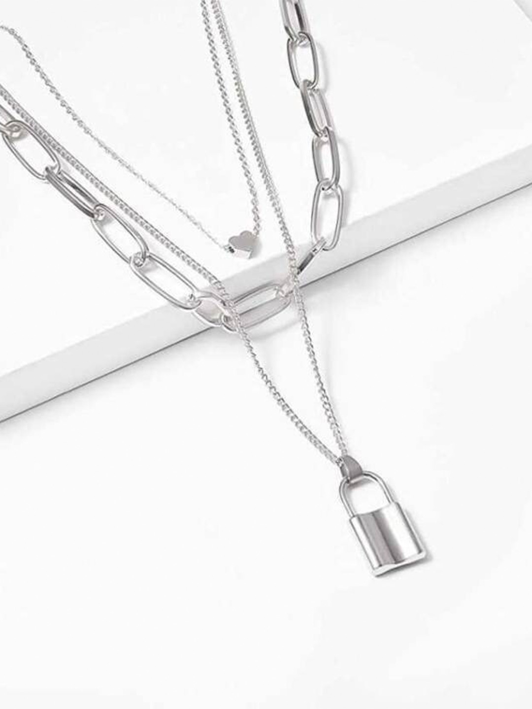 VIEN Silver-Toned Silver-Plated Key Heat Locket Layered Necklace