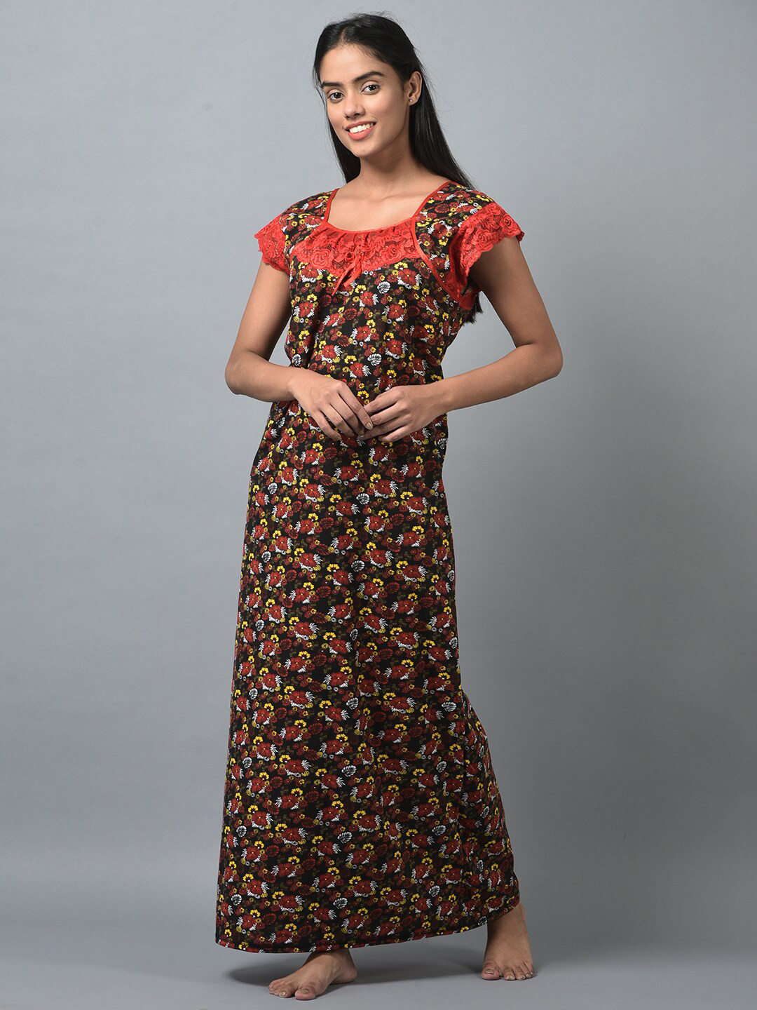 Noty Floral Printed Lace Insert Maxi Nightdress