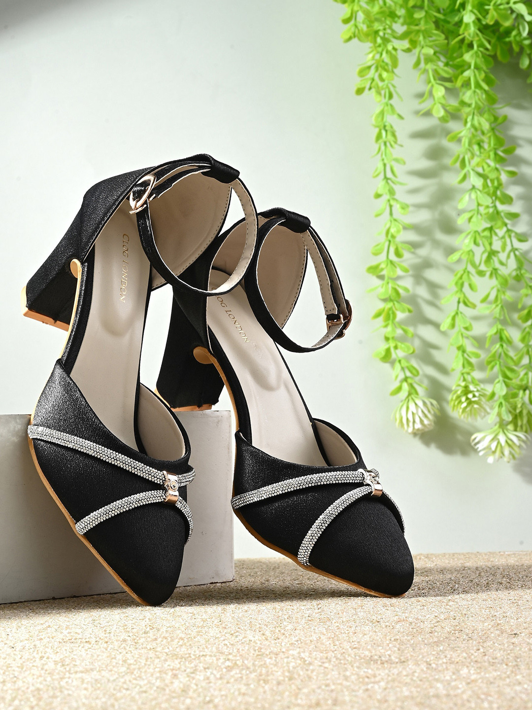 CLOG LONDON Pointed Toe Embellished Block Heels With Ankle Loop