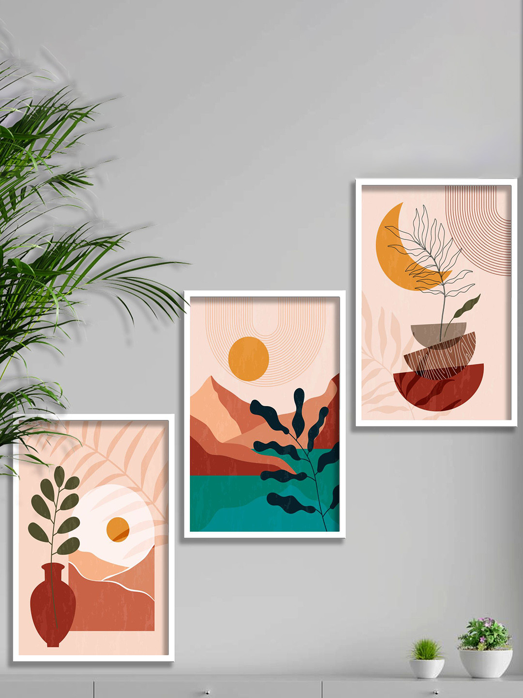 SAF 3-Pcs Peach-Coloured & Brown Modern Art Framed Painting Wall Art