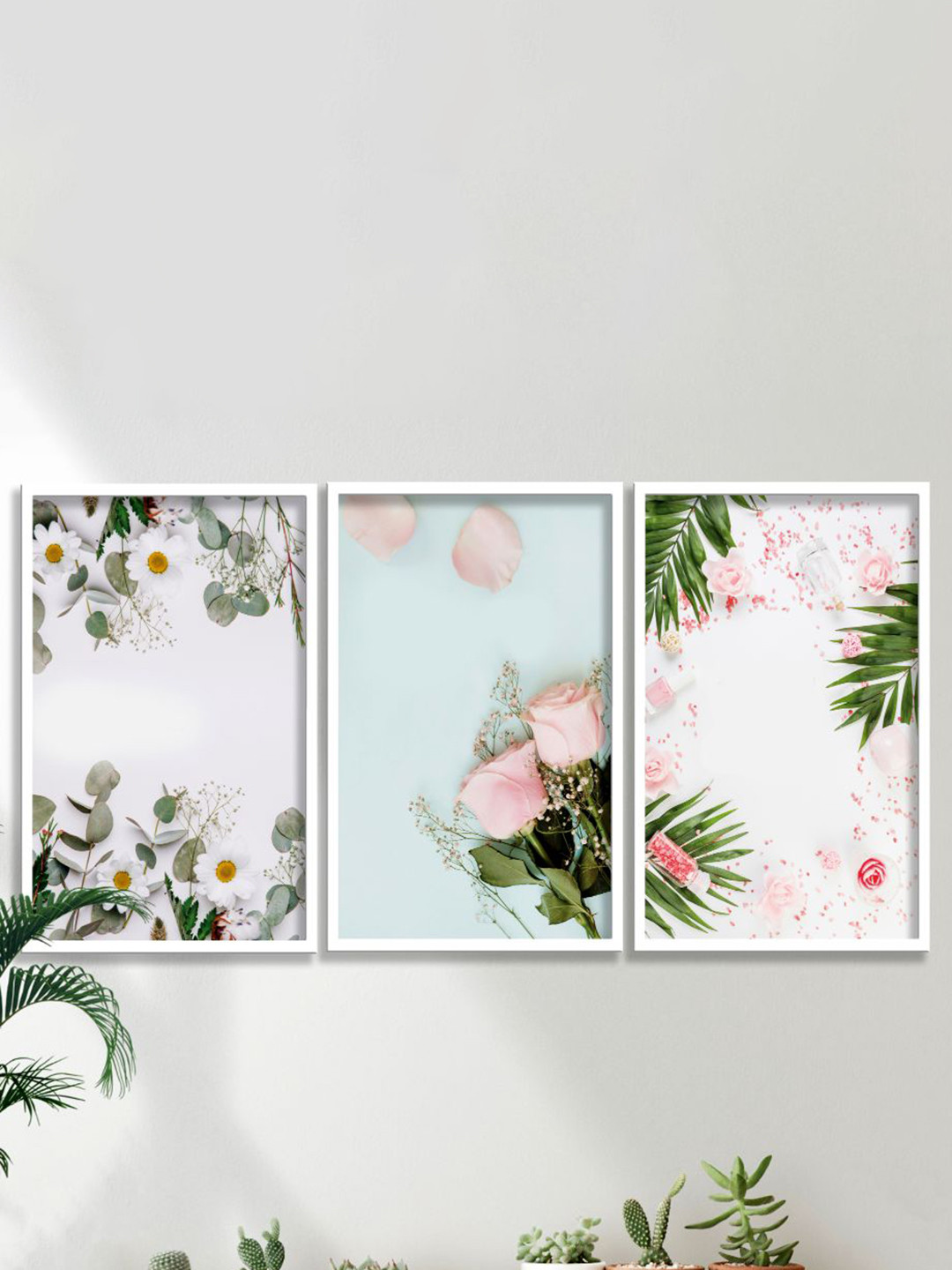 SAF Floral Theme MDF 3 Piece Wall Rectangle Paintings Wall Art