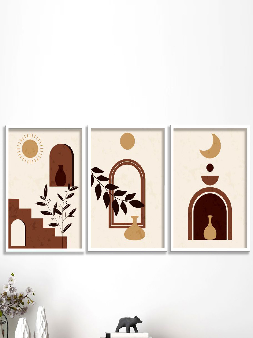 SAF Cream Coloured & Brown 3 Pieces Modern Art Painting Framed Wall Arts