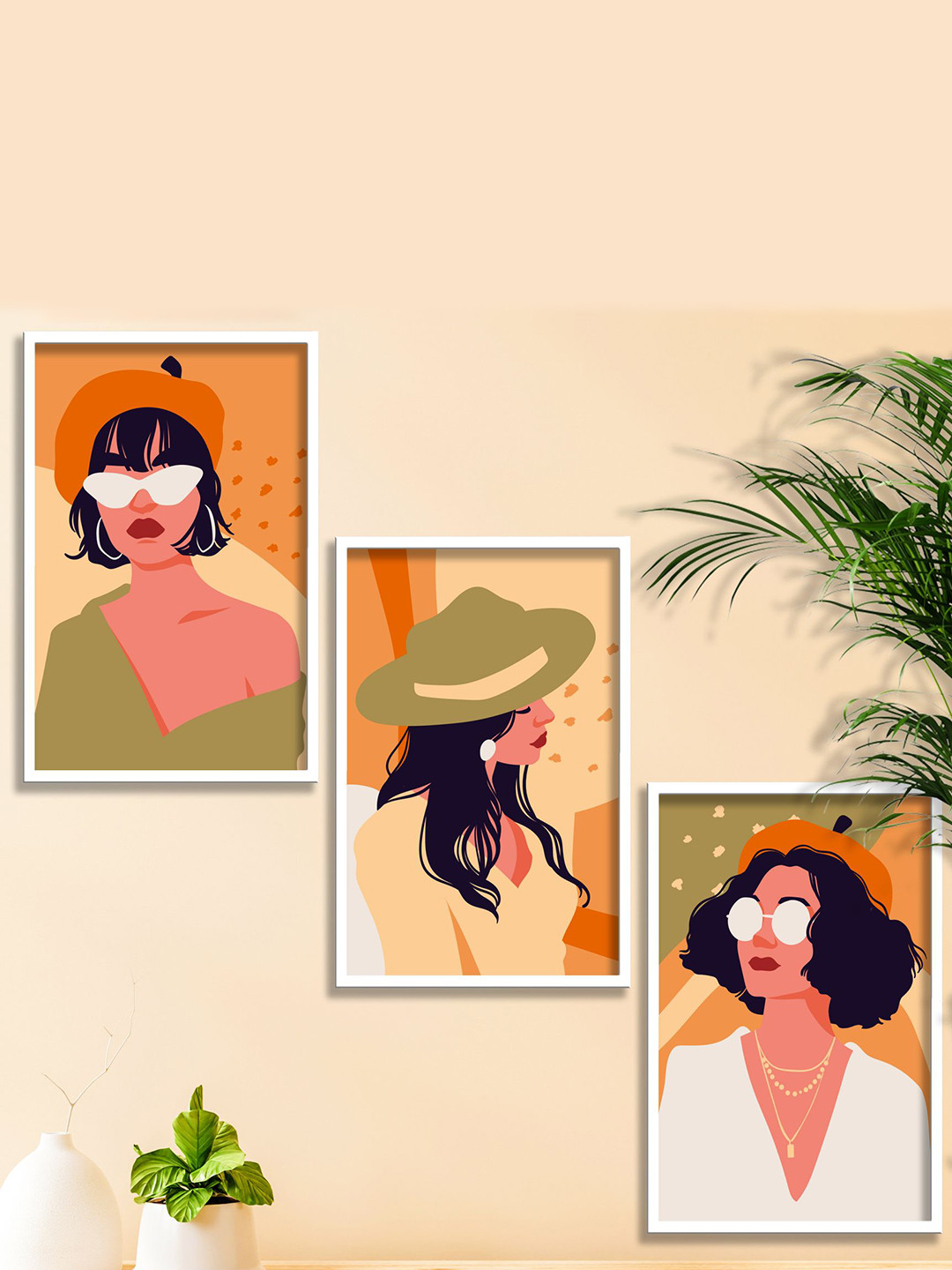 SAF Peach-colored 3 Pieces Modern Art Painting Framed Wall Arts