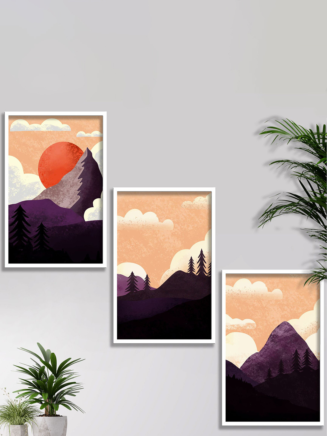 SAF 3Pcs Peach-Coloured & Purple Framed Modern Painting Wall Art