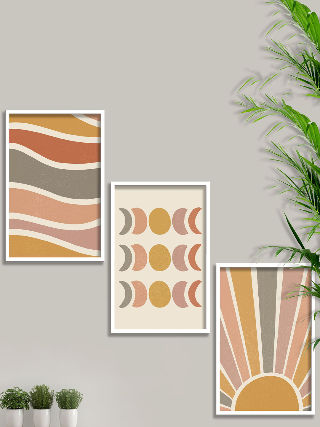 SAF 3-Pcs Peach-colored & Grey Modern Art Framed Wall Art