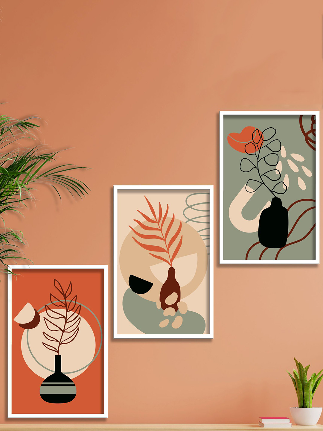 SAF Orange-Coloured & Green 3-Pieces Modern Art Printed Framed Wall Art