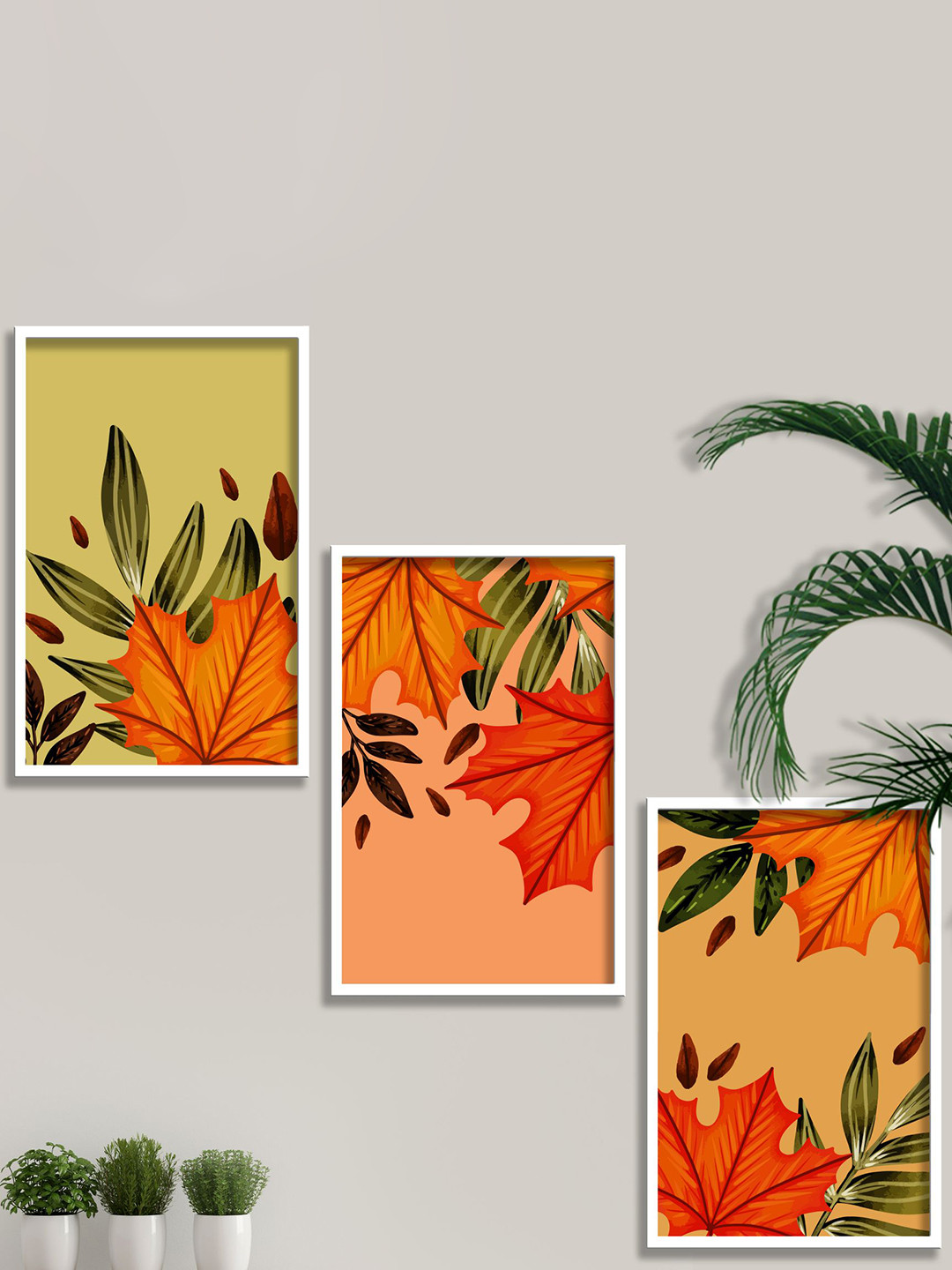 SAF 3Pcs Green & Orange Framed Modern Painting Wall Art