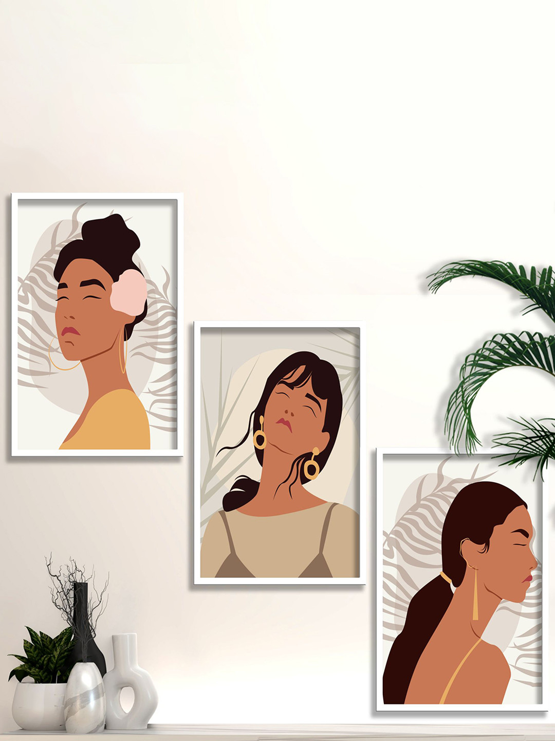 SAF Girl Wood 3 Piece Wall Rectangle Paintings Wall Art -31.5 x 13.5In