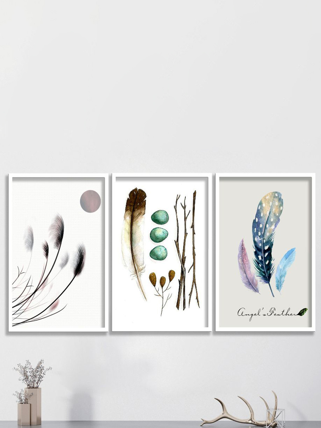 SAF 3-Pcs White & Blue Colorful Feather Painting Wall Art