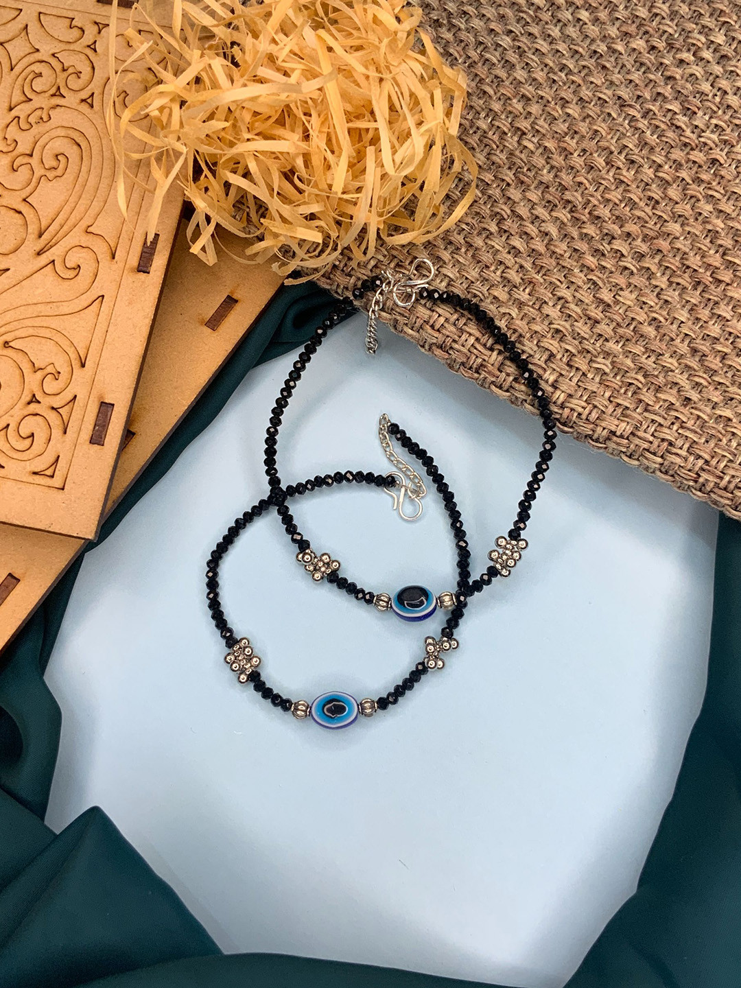 ABDESIGNS Set of 2 Silver-Plated Evil Eye Beaded Anklets