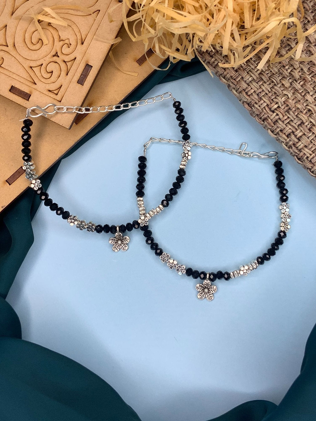 ABDESIGNS Set Of 2 Silver-Plated Beaded Anklets